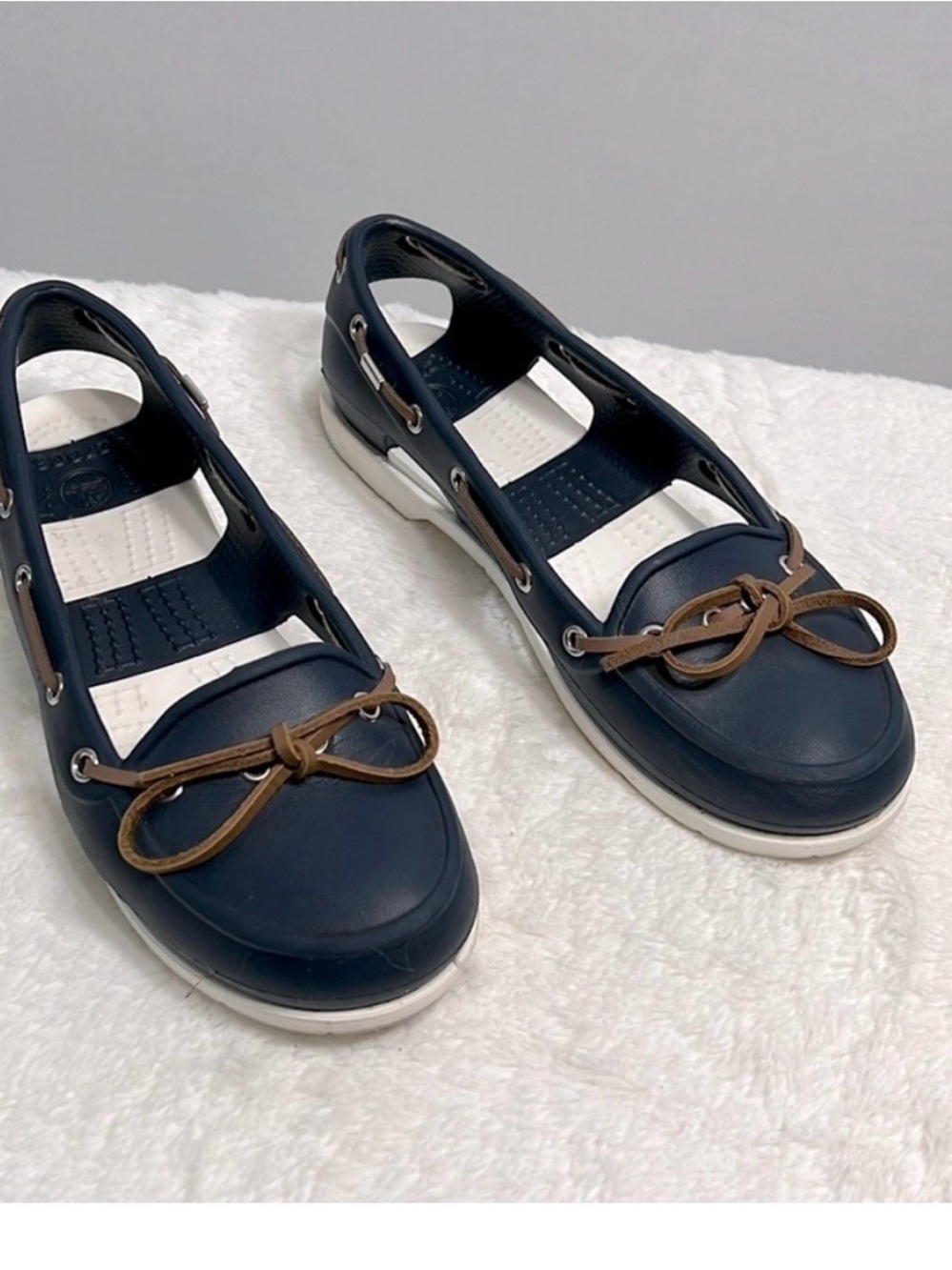 CROCS Navy Blue and Brown Bow-Trim Women's Sandal Flats